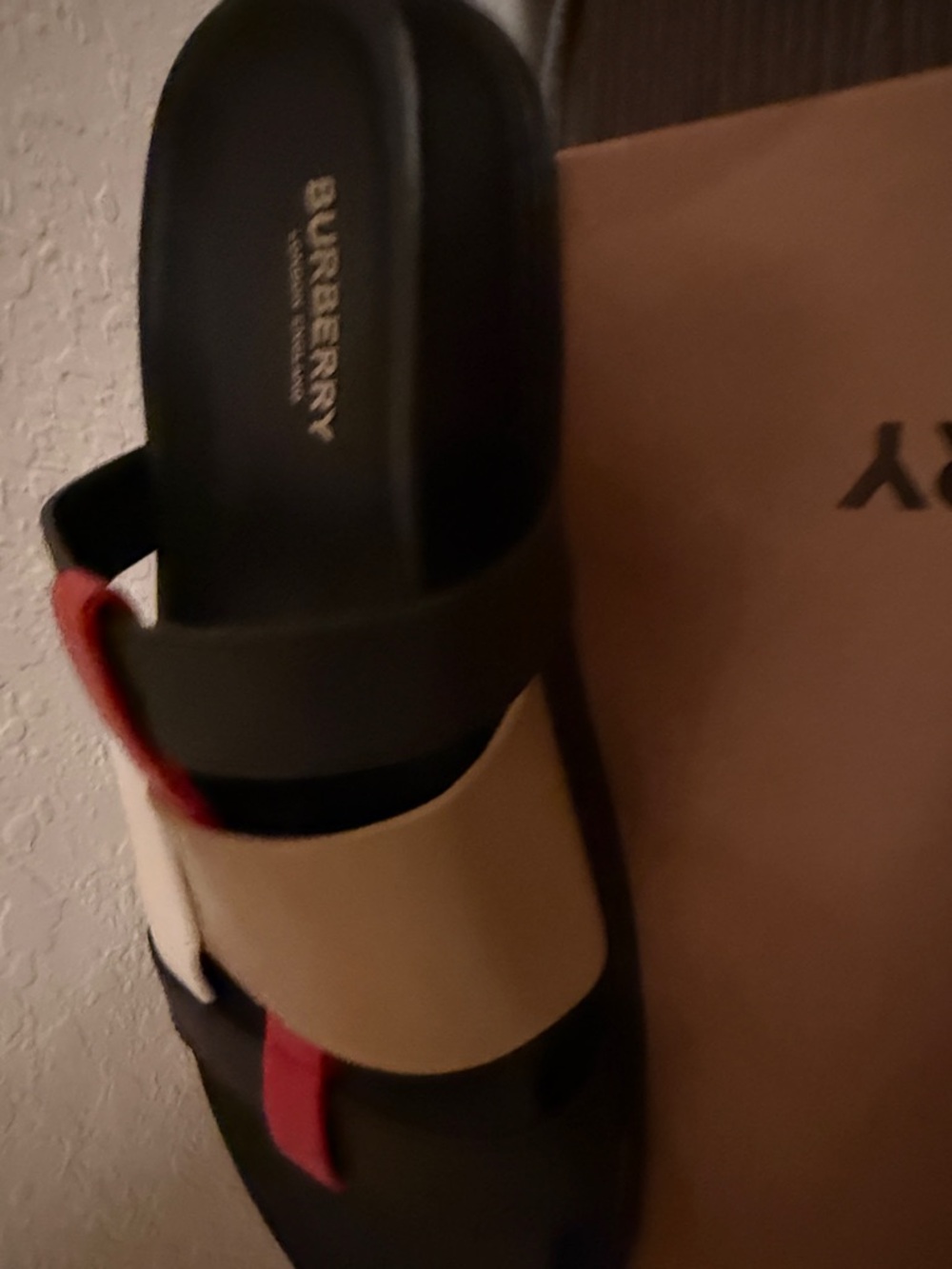 Burberry Black Slide Sandals with Beige, White & Red Straps - Picture 7 of 7